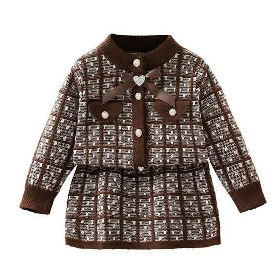 FFENYAN Girls' Bow-Knit Long-Sleeve Crew Neck Cardigan and Wrap Skirt Two-Piece Set - Elegant Sweater Set for Girls - A Perfect Gift for Little Ladies for 2-10 Years