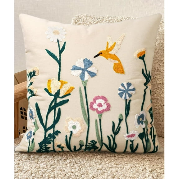 UniVerse Embroidered Throw Pillow Covers 18x18 Inch - Summer Boho Decorative Pillow Cover with Zipper for Living Room Couch Sofa Bed Aesthetic Design Flower Bird Linen Cushion Pillowcase