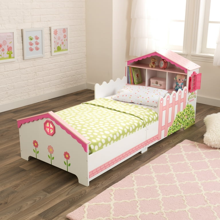 KidKraft KidKraft Wooden Dollhouse Toddler Bed with Bookcase Storage Children s Bedroom Furniture White Pink