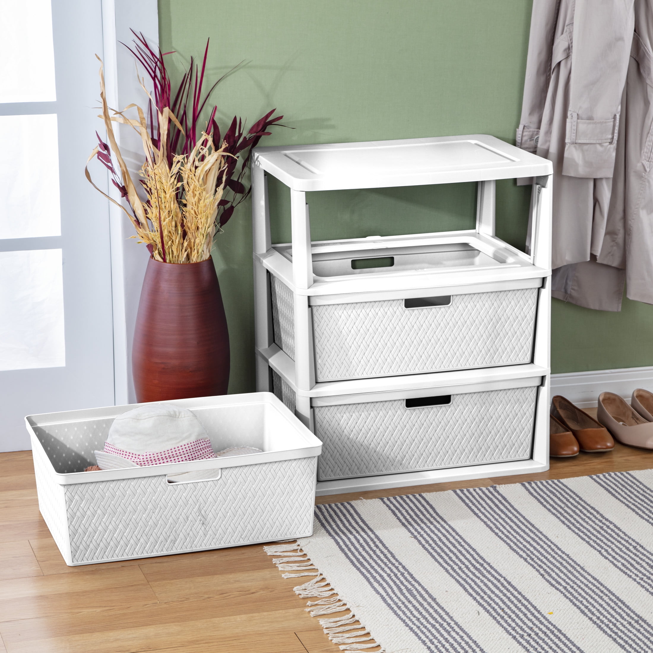 (2 pack) Sterilite Wide 3 Drawer Tower, Plastic Storage Organizer with Removable Decorative Bins, Easy to Assemble - No Tools Needed, White
