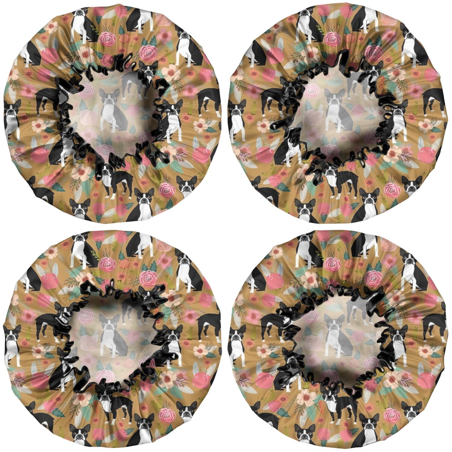 Shower Caps,Boston Terrier and Flower Waterproof Shower Cap for Women 4 Pieces,Double Reusable Hair Cover for Shower PEVA Elastic Stretch Hem