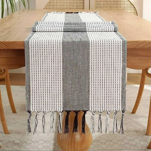 Nvzi Camino de mesa rústico de estilo rústico de 228 cm de largo, estilo arpillera, 33 x 228 cm, camino de mesa trenzado hecho a mano con borlas para cenas, fiestas y festividades (gris)