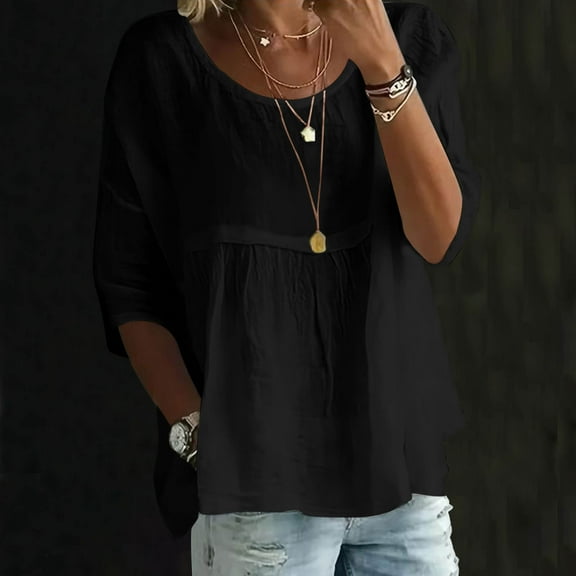 EchfiProm Womens Crew Neck Tops Cotton Linen Shirts 3/4 Sleeve Blouse Black Trendy Solid for Women Loose