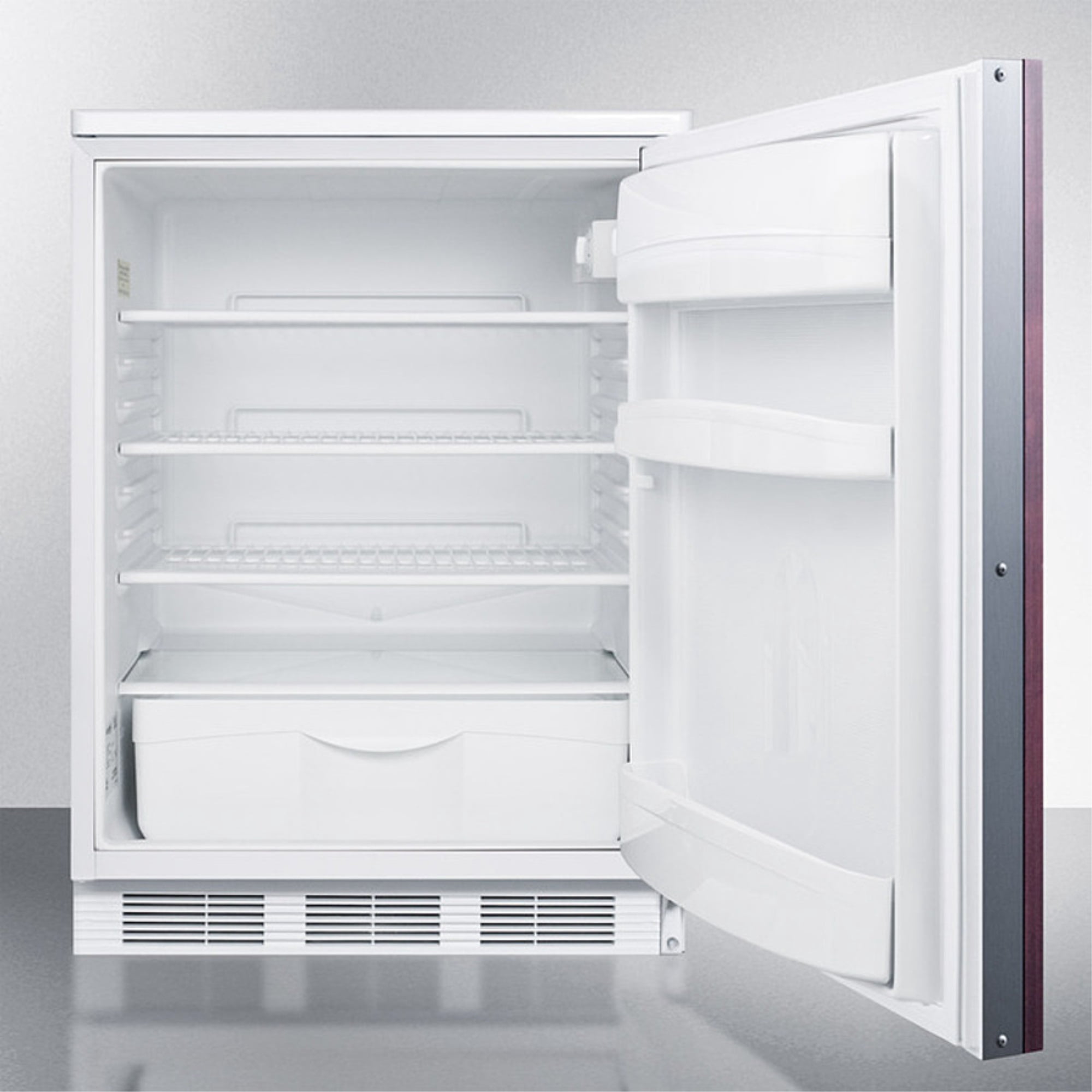Commercially approved built-in undercounter all-refrigerator with auto defrost, deluxe interior, and front lock; capable of accepting full overlay panels