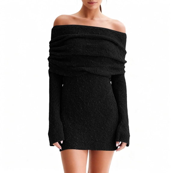 LEKWK Sweater Dress for Women Warm Knit Long Sleeve Off The Shoulder Dress Mini Pullover Tunic Dresses Soft Fall Party Club Wear