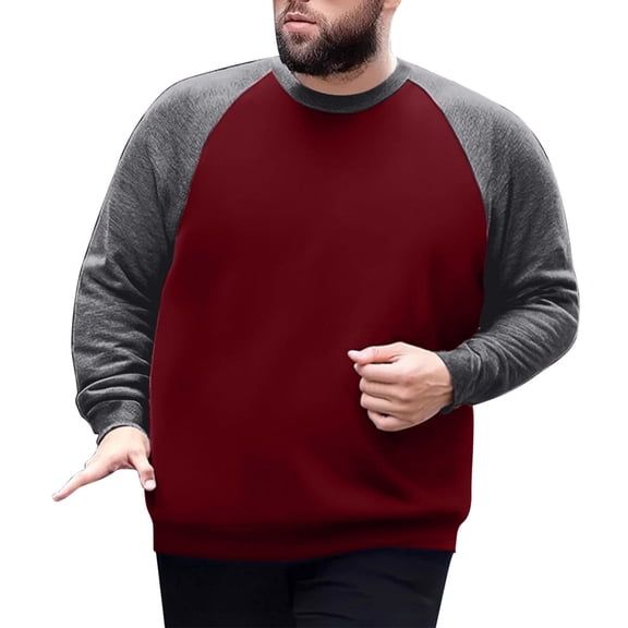 GigrtiJin Men's Plus Size Cotton Top Plush Color Block Long Sleeved Shirt Casual Round Neck Loose Sweatshirt Blouse