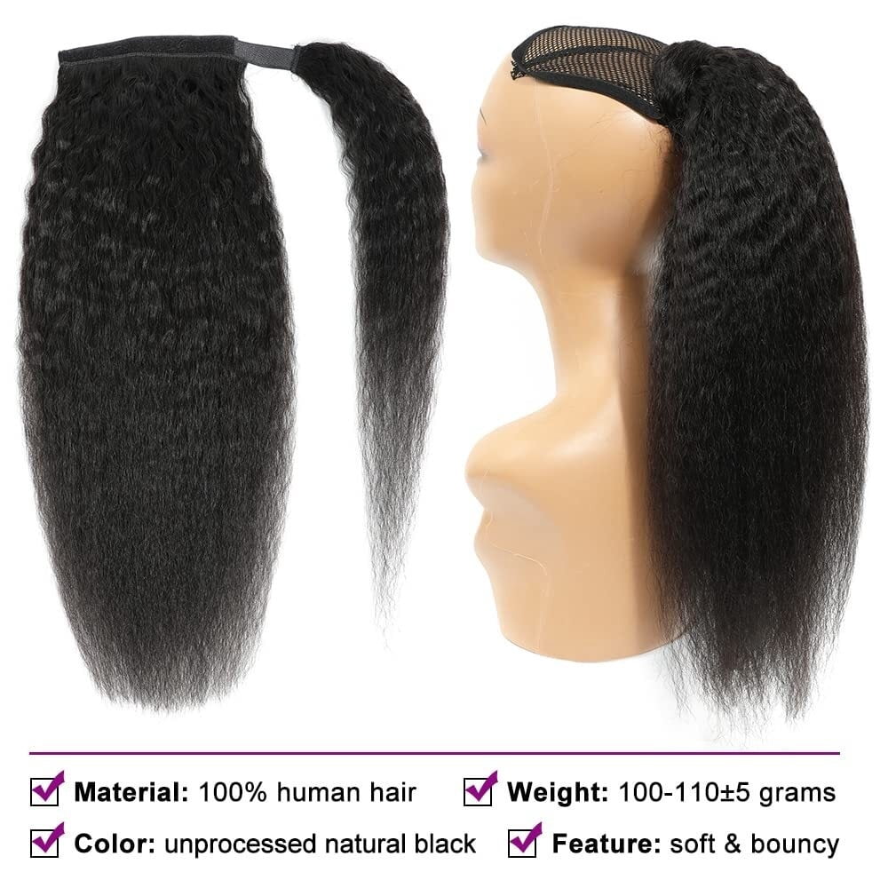 12"-26" Long Yaki Straight Ponytail Wrap Around Ponytail Hairpiece Clip in Brazilian Remy Hair Kinky Straight Ponytail Hair Extension for Black Women