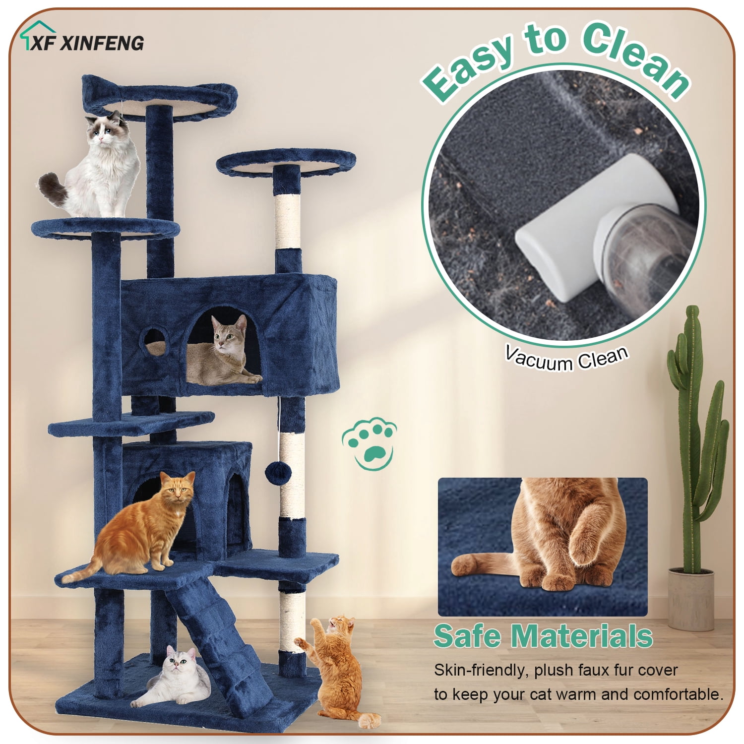 XF XINFENG 70 Inch Cat Tree Tower for Indoor Relaxing Climb Multi-Level Cats  Furniture Activity Center with Cat Scratching Stand House Cat Condo with Funny, Navy Blue