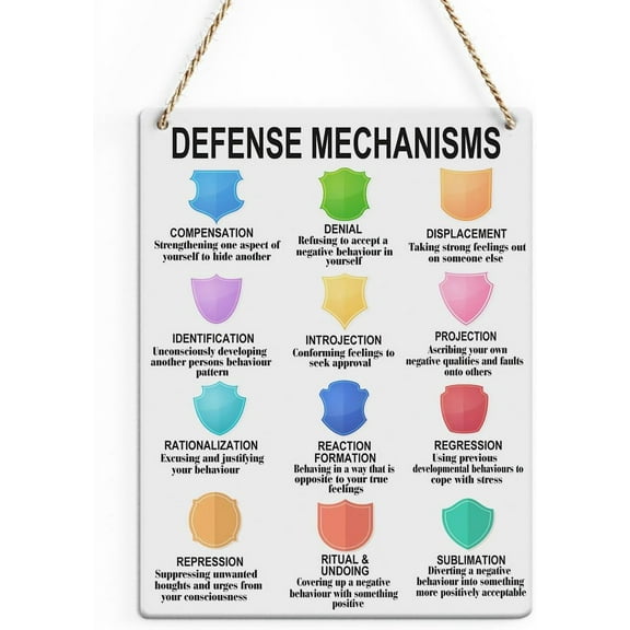 Rustic Mental Health Wood Decor Sign, Colorful Defense Mechanisms Quote Printed Wood Sign Wall Art, Hanging Door Sign, Psychology Wood Sign Home Therapy Office Decor 8x10