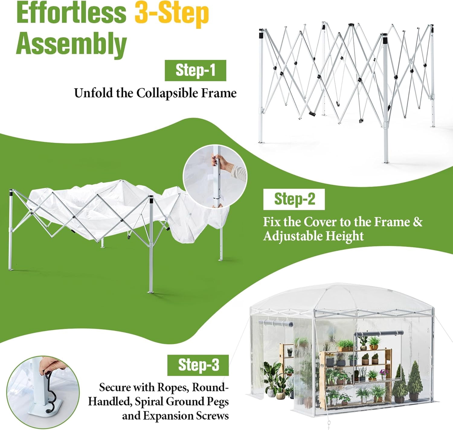 Jocisland 9.7x9.7×8.5 ft Upgraded Pop-up Portable Walk in Greenhouses for Outdoors with Adjustable Reinforced Frame, with Roll-up Zipper Door, White