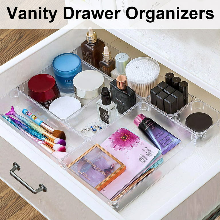 Clear Plastic Drawer Organizer Tray Acrylic 14 PCS for Kitchen Makeup  4-Size Stackable Storage Organizer for Vanity Bathroom Office Drawer 