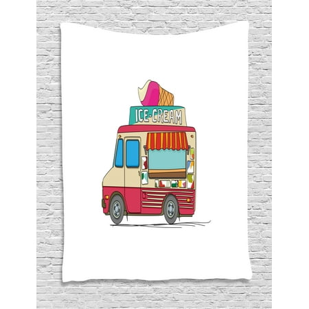 Truck Tapestry, Ice Cream Truck Colorful Illustration Business Idea Cartoon Style Cutaway Vehicle, Wall Hanging for Bedroom Living Room Dorm Decor, 60W X 80L Inches, Multicolor, by