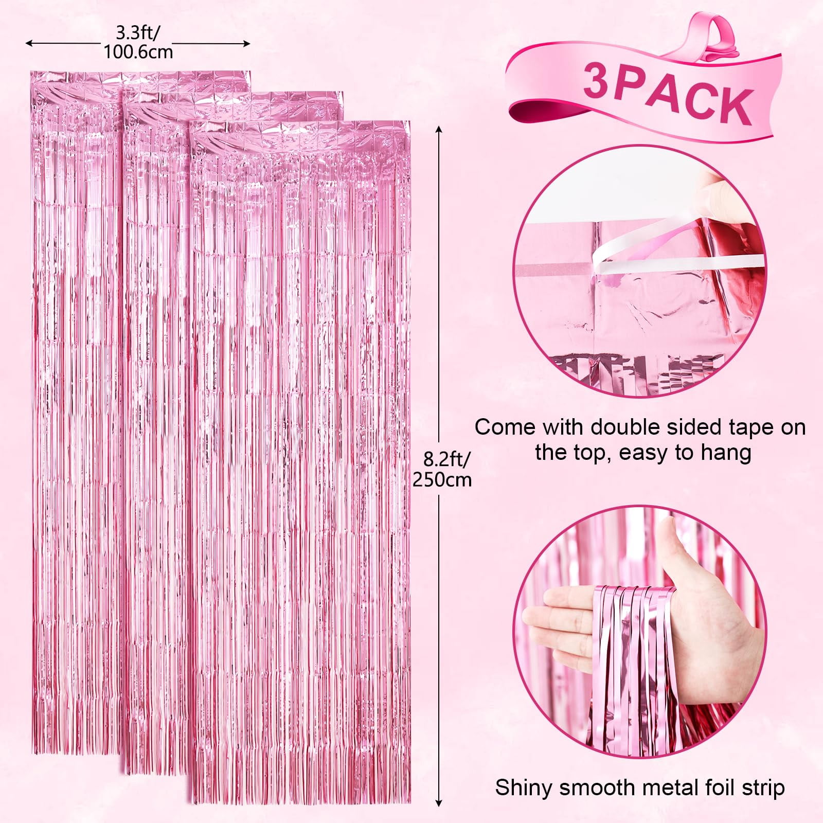 3 Pack 3.3x8.2 Feet Champagne Foil Fringe Backdrop Curtains, Tinsel Streamers for Birthday, Graduation, Baby Shower, Gender Reveal, Disco Party Decorations