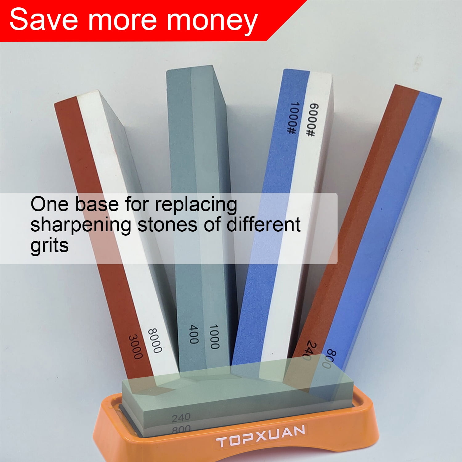 TOPXUAN Knife Sharpening Stone 2 Sided 240/800 Grit Sharpener Waterstone,Professional Kitchen Whetstone with Orange Plastic Base,Non-Slip Rubber and Angle Guide
