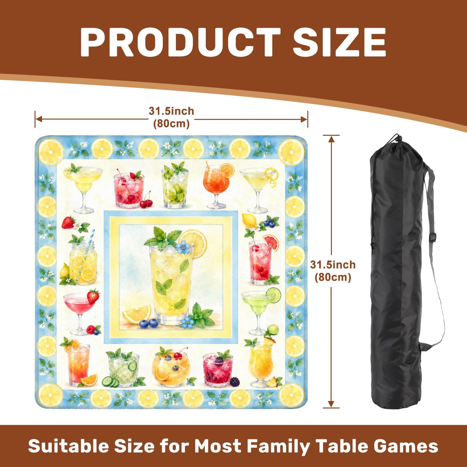 Mahjong Mat 31.5" x 31.5" Colorful Cocktail Glasses Fruit Garnishes Fresh Herbs Watercolor Style Non-Slip Noise Reduction Mahjong Tiles Table Cover for Dominoes Poker Card Board and Tile Games