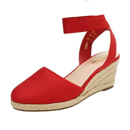 

Ream Pairs Women Espadrilles Wedge Sandals Comfort Elastic Ankle Strap Shoes Amanda-1 Red Size 5