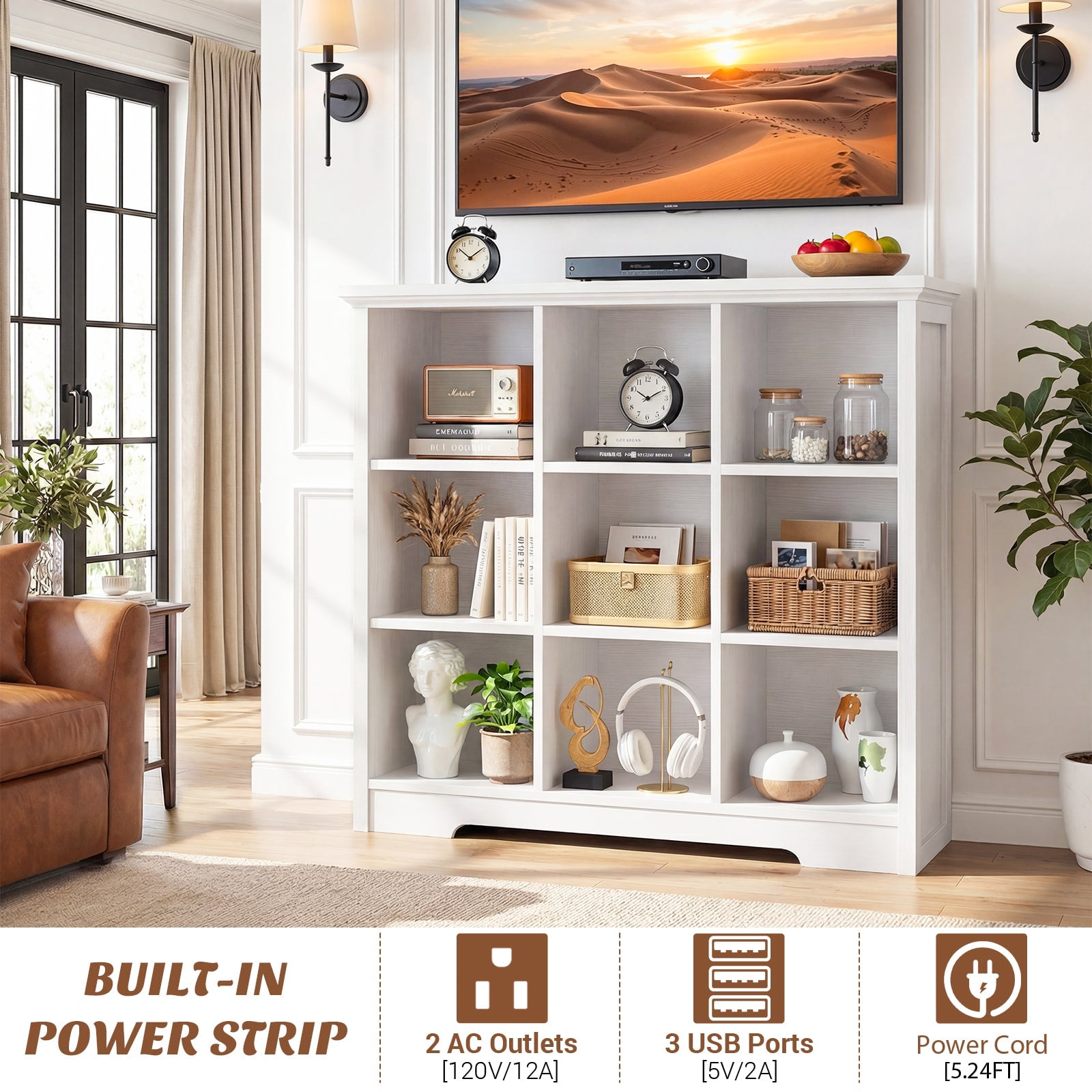 Homieasy 9 Cube Storage Organizer with Charging Station, 41'' Tall Wooden Cube Bookcase for Living Room, Bedroom, White