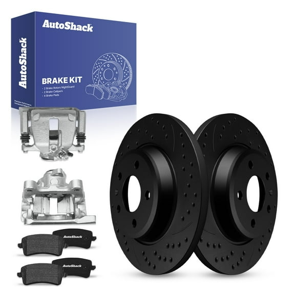AutoShack Rear Solid Drilled & Slotted E-Coated Brake Rotors Black Finish   Ceramic Pads   Calipers 8-PC Brake Kit Replacement for 2010 Audi A5 Quattro 2010 Audi A5 NightGuard 11.81" (299.9 mm)