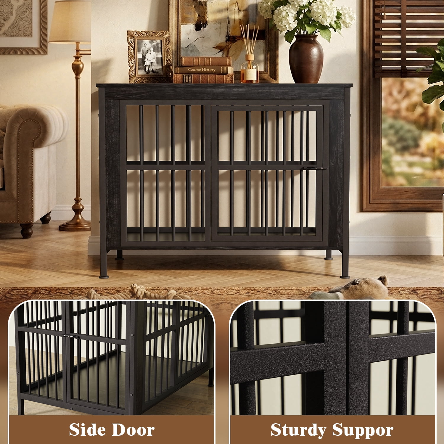Ironovahome 40" Dog Crate Furniture for Medium/Large Dogs, Heavy Duty Wooden Dog Crate with Double Doors & Safe Locks, XL Large Indoor Dog Kennel Pet House, Black