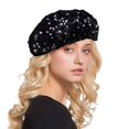 thumbnail image 3 of Womens Sparkly Sequin Beret Hat Fashion Fun Stretch Beanie Cap Headwear for Festival Party Club Black One Size, 3 of 4