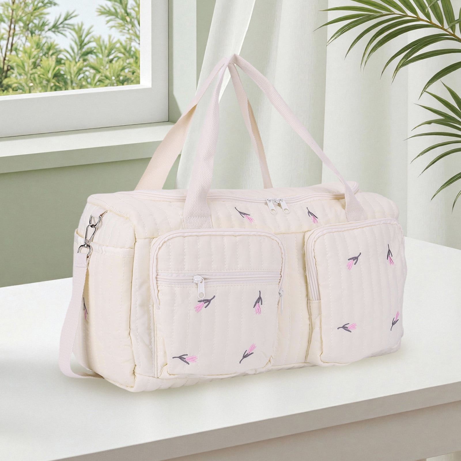 HUISZJ Quilted Diaper Bag Tote, Multi-Pockets Duffle Bag, Large Capacity Diaper Bag for Mom Dad, Tulip Print