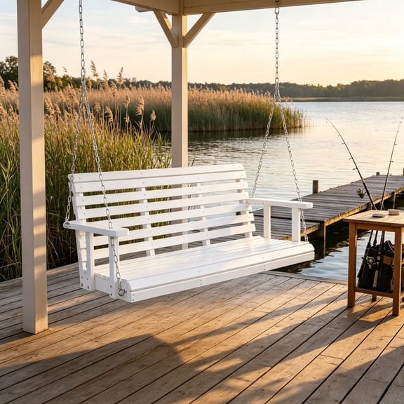 4.5ft Wooden Porch Swing with Hanging Chains, 880 lbs Heavy Duty Patio Bench Swing for Courtyard & Garden, White