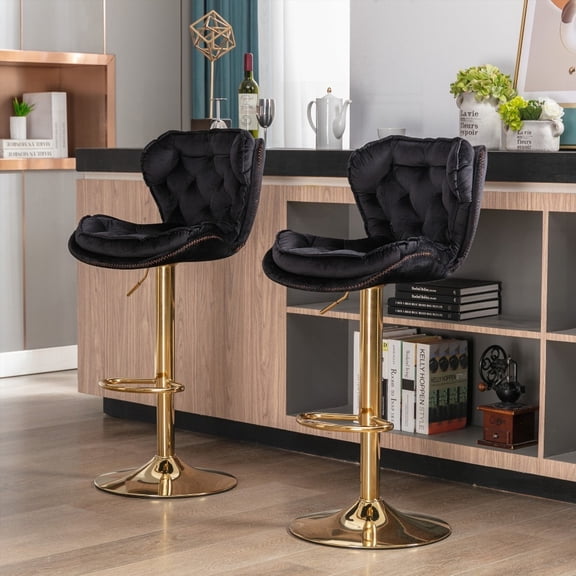 Set of 2 Modern Velvet Bar Stools with Chrome Base and Adjustable Height - Black
