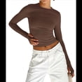 thumbnail image 1 of Camiseta Corta Ajustada para Mujer para Salir, Informal, de Color Liso, con Cuello Redondo y Larga Color Café M, 1 of 8