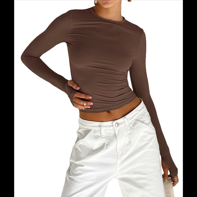Camiseta Corta Ajustada para Mujer para Salir, Informal, de Color Liso, con Cuello Redondo y Larga Color Café M