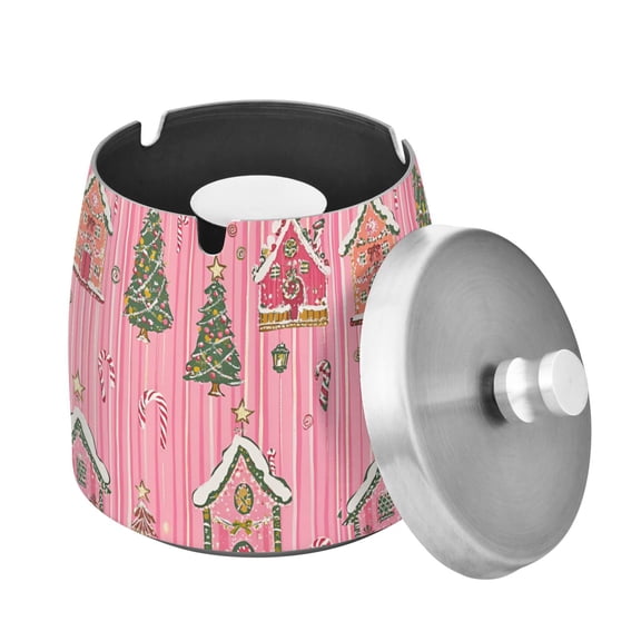Yayeee Ashtray with Lid for Cigarette Smokeless Stainless Steel Home Ash Holder, Pink Gingerbread House