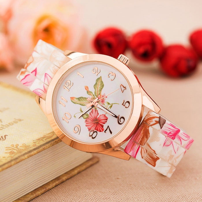 Watch for Women Girl Watch Silicone Printed Flower Causal Quartz