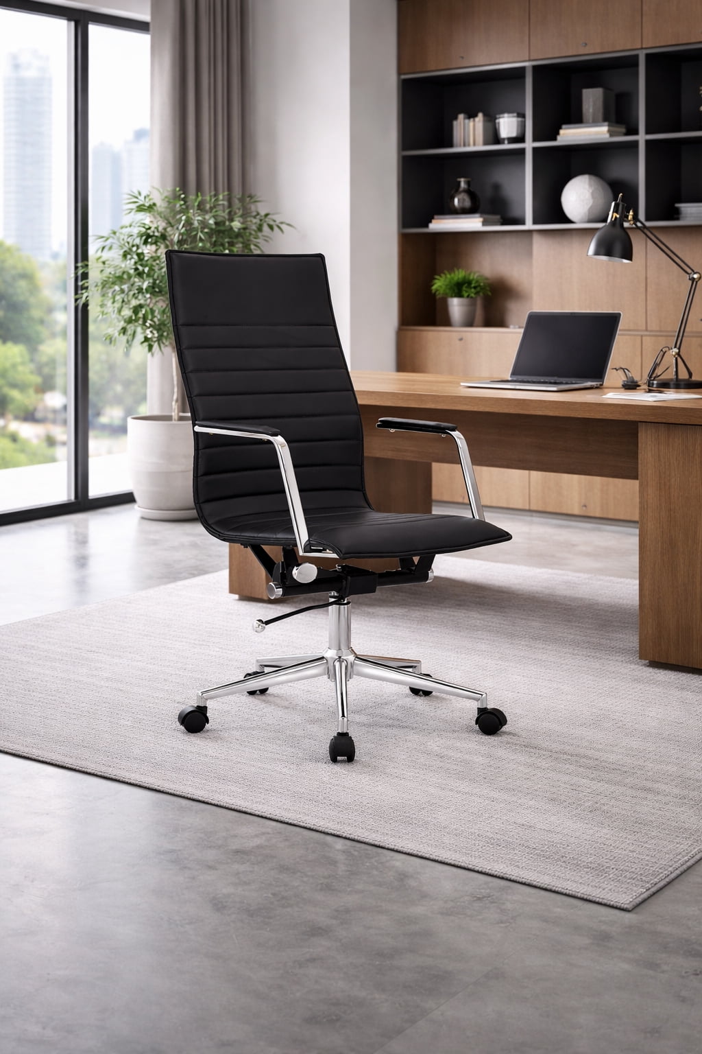 2xhome Set of 2 Modern High Back Office Desk Chair | Upholstered Ribbed PU Leather with Metal Frame | Computer Armchair for Home, Executive, Conference, Meetings (Black)