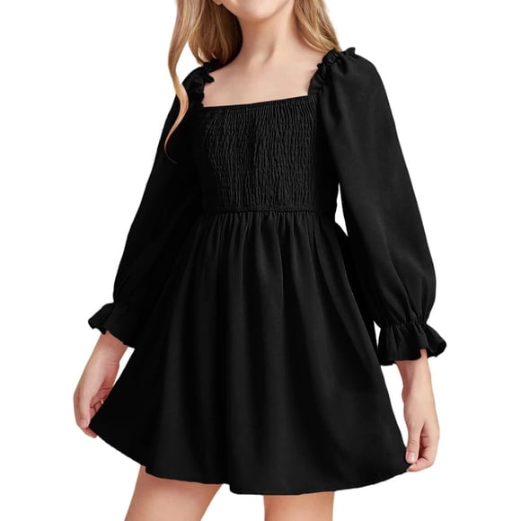 JiAmy Robe Fille Manches Longues Col Carré Robes Printemps Enfants Décontracté Élégant Mariage Fête Jupe Ligne A Vêtements