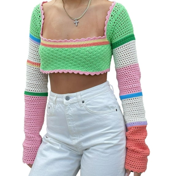 Douhoow Women Knitted Long Sleeve Crop Top Crochet Patchwork Vintage Casual T-shirts Tee