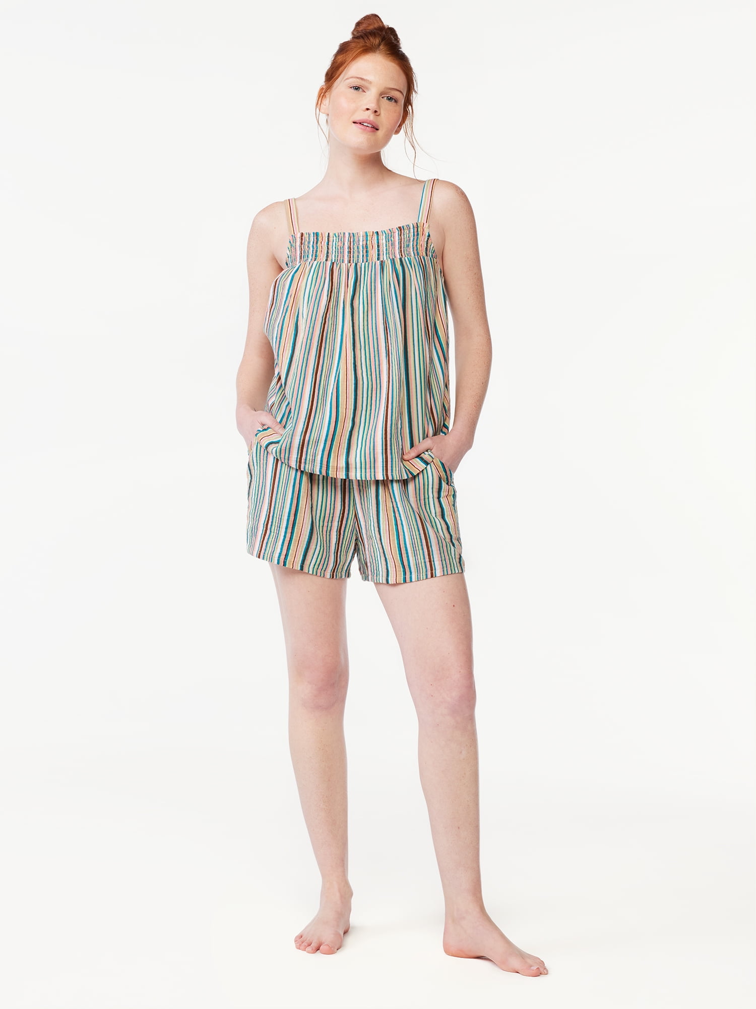 Joyspun Women's Gauze Smocked Cami Top and Shorts Sleep Set, Sizes S to 3X