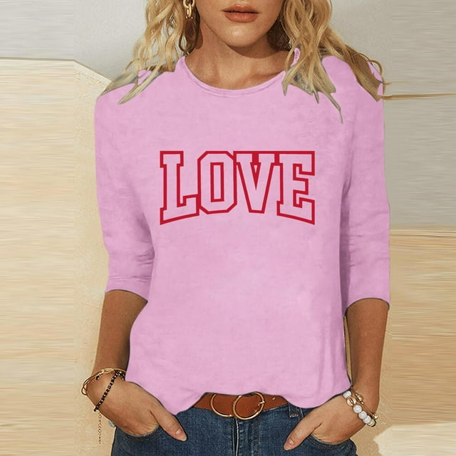 Ailaofu T-Shirts de la Saint-Valentin à Manches 3/4 Col Rond pour Femmes avec Imprimé Cœur Graphique