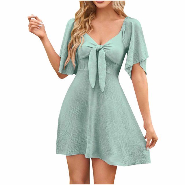 Staron Robe Femme Nœud Papillon Manches Courtes Col en V Robes d'Été Décontractées Plage Fluide Ligne A Ample Élégante Mini Robes Vert TG