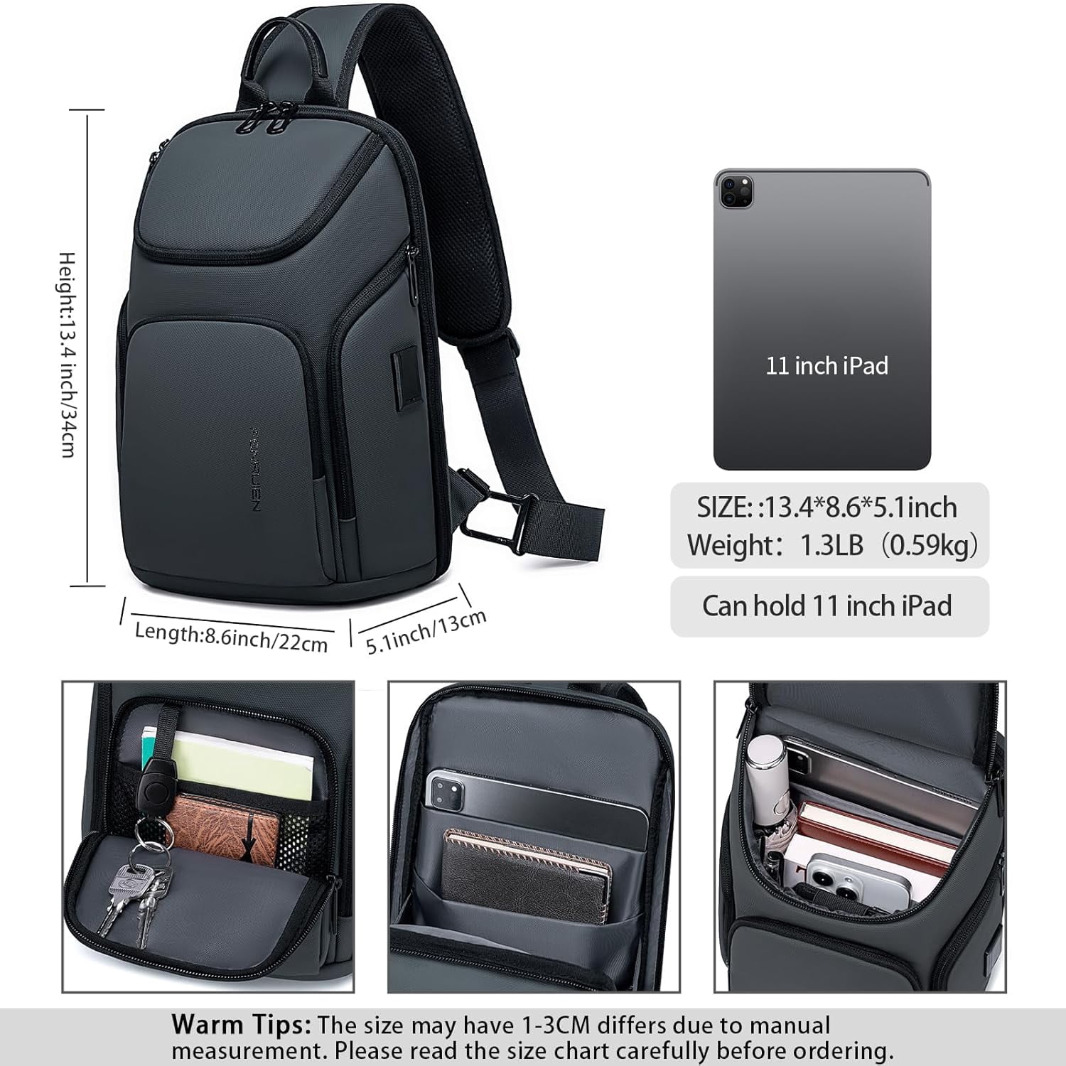 FENRUIEN Sling Bag Crossbody Backpack with USB Charging Port,Grey