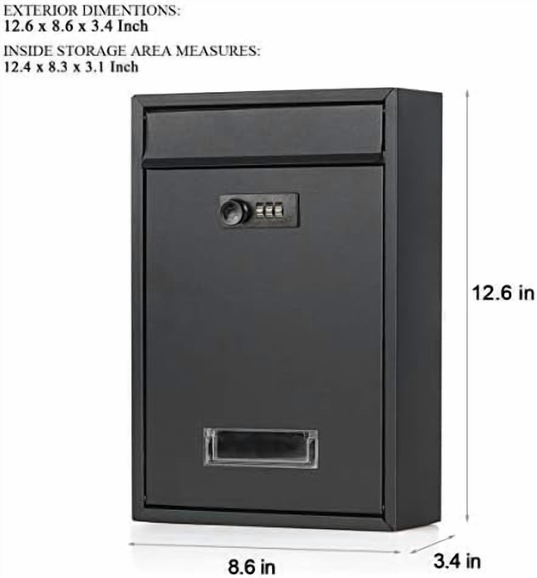 Locking Mailbox Wall Mounted Vertical-  Mail Boxes with Combination Lock Large Capacity, 12.6 x 8.46 x 3.35 Inch, Black Matt