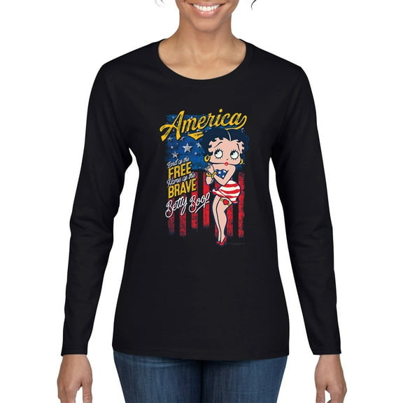 Wild Bobby Betty Boop America Land of the Free Home of the Brave Betty Boop Womens Long Sleeve T-Shirt, Black, Small