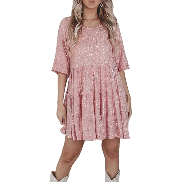 ALSLIAO Vestido de lentejuelas para mujer, manga corta, brillante, túnica, vestido de fiesta, ropa de club, rosa, talla S