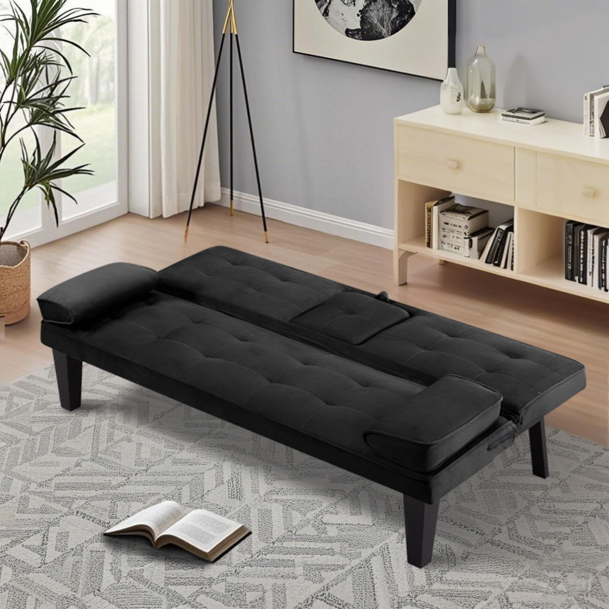 BSHTI 65" Modern Velvet Futon Sofa Bed with Drop Down Cup Holders, 3-Position Adjustable Backrest, Removable Arm Cushions, Chrome Legs for Living Room & Guest Room Black