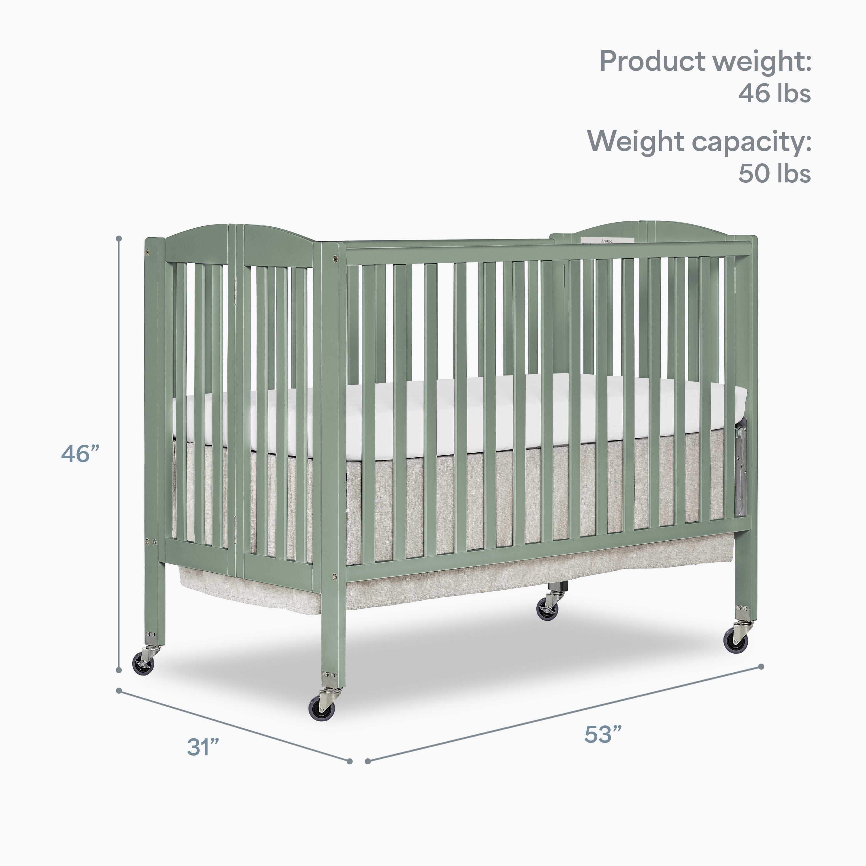 Dream On Me Folding Full Size Convenience Crib in Meadow Green, Comes With Heavy Duty Locking Wheels