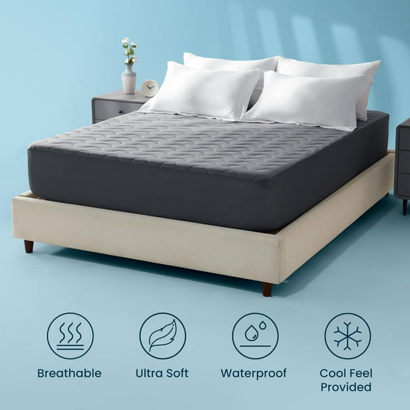 Sleep Zone Cooling Mattress Pad Full, Waterproof Bedding Protector for Hot Sleepers, Soft & Breathable Mattress Topper, Hotel Quality (Dark Grey, Full)
