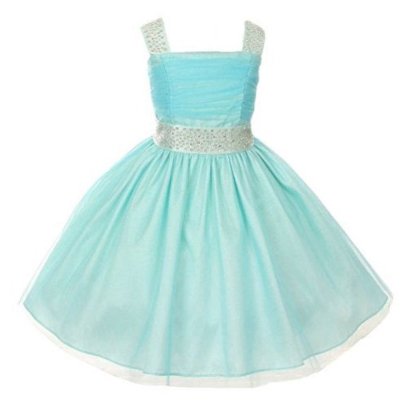 Flower Girl Dress Feature Studded Strap & Wasitband Rhinestone for Little Girl Aqua 10 CC 1195