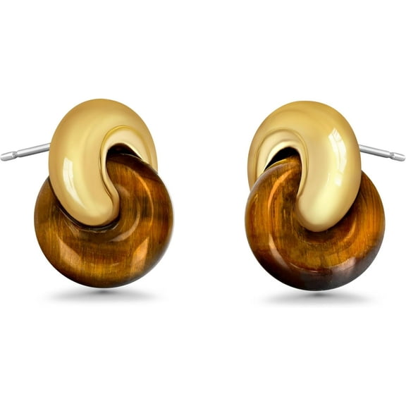 PRIYAL Small Twist Chunky Gold Tiger Eye Gemstone Statement Earrings for Women, Dainty Love Knot Amber Brown Bold Handmade Exaggerated Dome Retro Rounded Button Half Ball Trendy Bohemian Jewelry