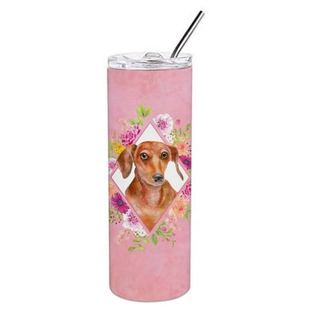 

20 oz Dachshund Red No.2 Pink Flowers Double Walled Stainless Steel Skinny Tumbler