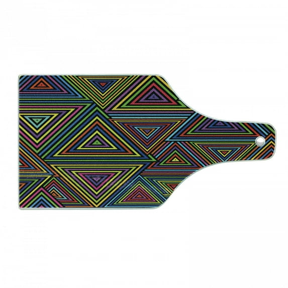 Geometric Cutting Board, Modern Design in Rainbow Colors Triangles Retro 80s Like Pattern Image Art, Decorative Tempered Glass Cutting and Serving Board, Wine Bottle Shape, Multicolor, by Ambesonne