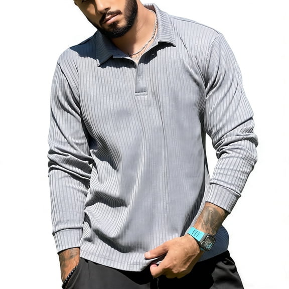 GINGTTO Men's Ribbed Knit Long Sleeve Polo Shirt - Slim Fit Casual Collared Pullover Top.