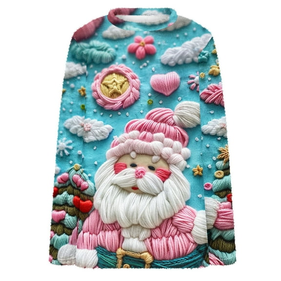asdoklhq V Neck Sweaters for Women's Warm Double-sided Velvet Christmas Print Pullover Long Sleeved Shirt Light Blue M